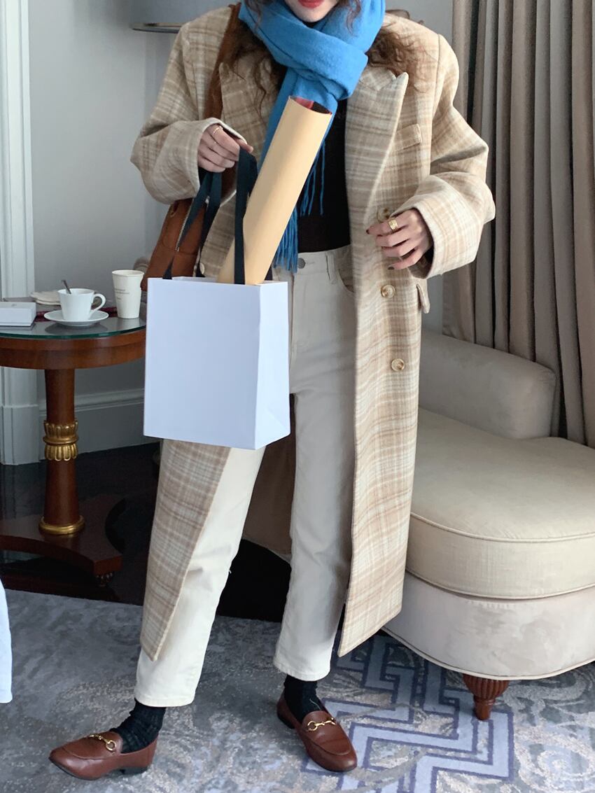 アウター コート ロングコート チェック柄 襟付き ボタン 長袖 ダブルブレスト カジュアル アウター コート ロングコート チェック柄 襟付き ボタン 長袖 ダブルブレスト カジュアル