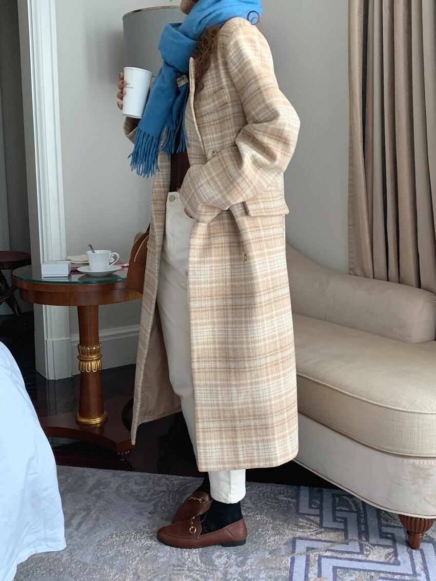 アウター コート ロングコート チェック柄 襟付き ボタン 長袖 ダブルブレスト カジュアル アウター コート ロングコート チェック柄 襟付き ボタン 長袖 ダブルブレスト カジュアル