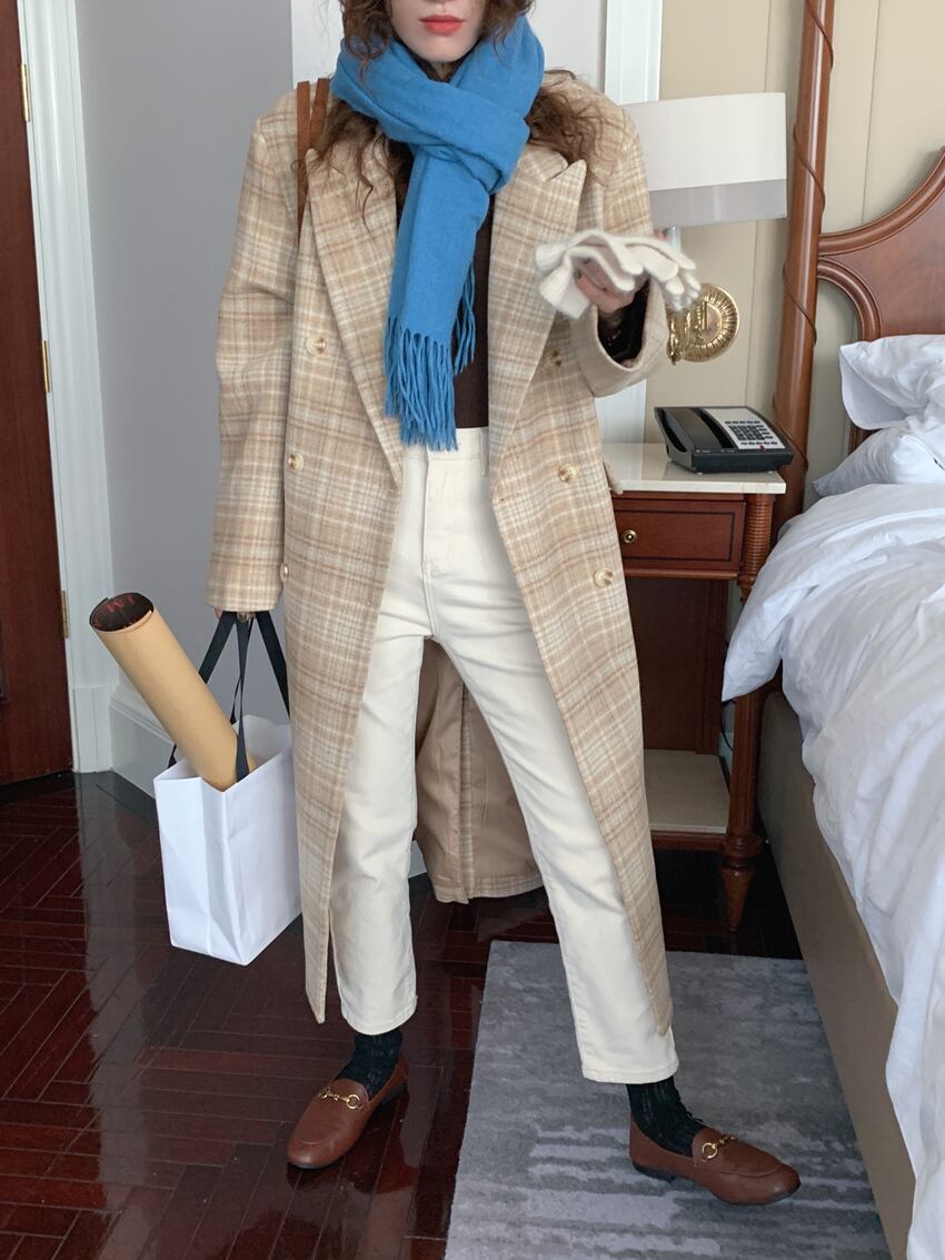 アウター コート ロングコート チェック柄 襟付き ボタン 長袖 ダブルブレスト カジュアル アウター コート ロングコート チェック柄 襟付き ボタン 長袖 ダブルブレスト カジュアル