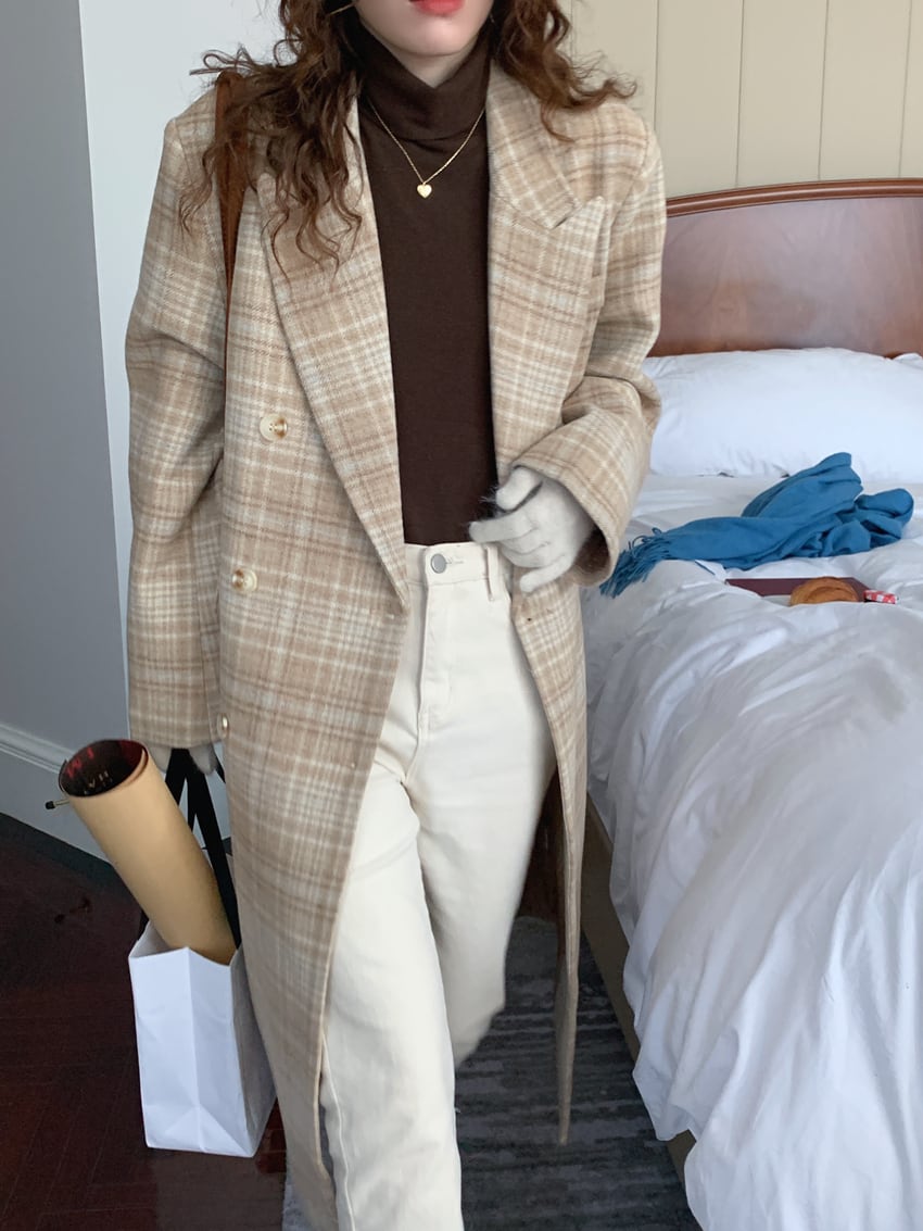 アウター コート ロングコート チェック柄 襟付き ボタン 長袖 ダブルブレスト カジュアル アウター コート ロングコート チェック柄 襟付き ボタン 長袖 ダブルブレスト カジュアル