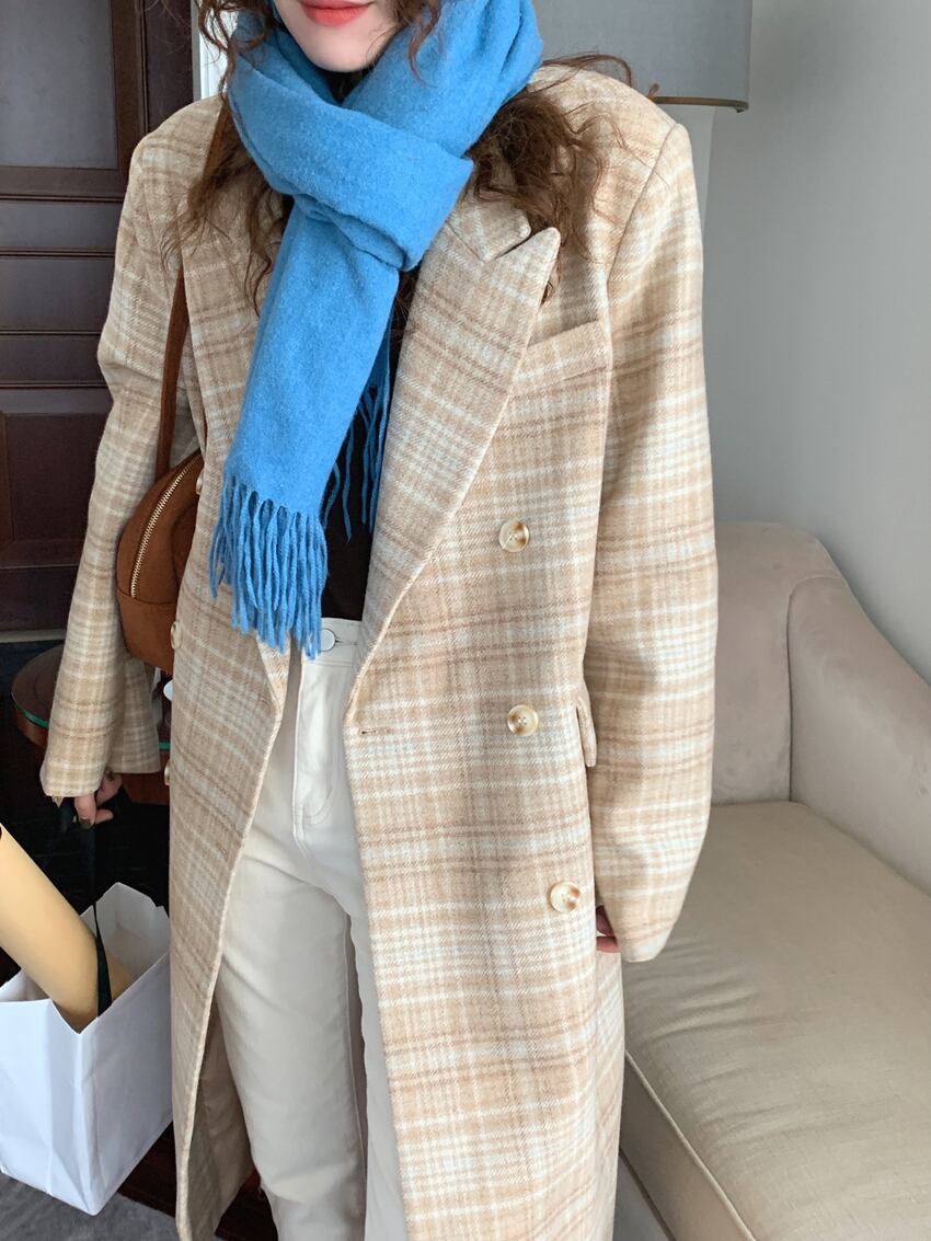 アウター コート ロングコート チェック柄 襟付き ボタン 長袖 ダブルブレスト カジュアル アウター コート ロングコート チェック柄 襟付き ボタン 長袖 ダブルブレスト カジュアル