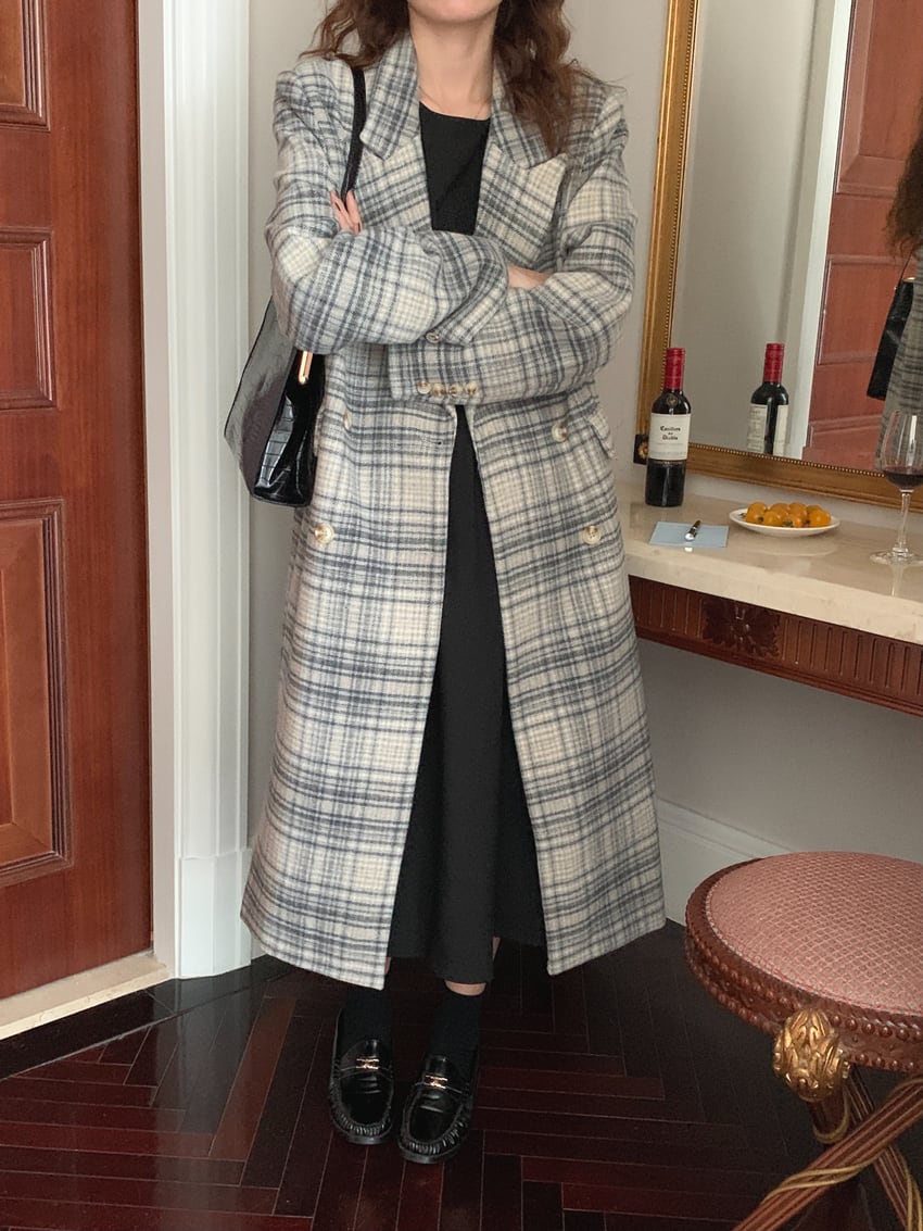 アウター コート ロングコート チェック柄 襟付き ボタン 長袖 ダブルブレスト カジュアル アウター コート ロングコート チェック柄 襟付き ボタン 長袖 ダブルブレスト カジュアル