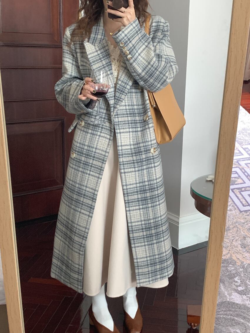 アウター コート ロングコート チェック柄 襟付き ボタン 長袖 ダブルブレスト カジュアル アウター コート ロングコート チェック柄 襟付き ボタン 長袖 ダブルブレスト カジュアル