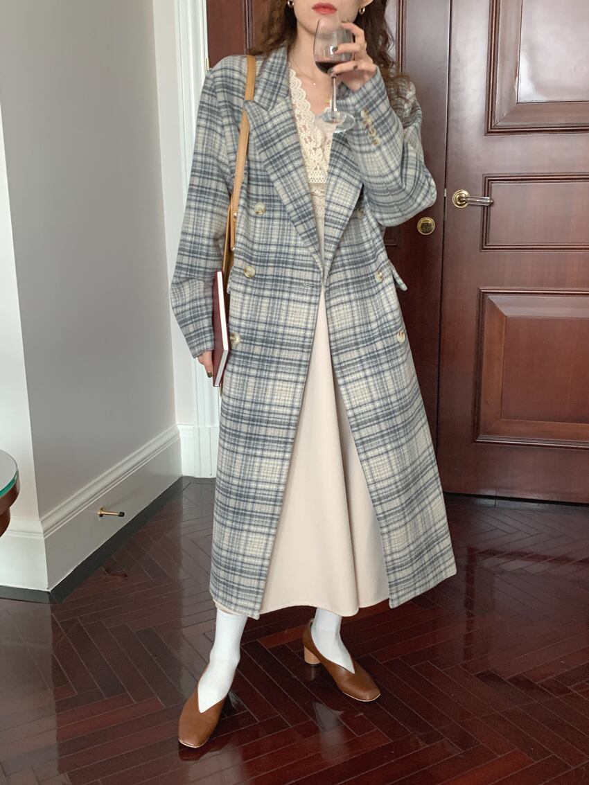 アウター コート ロングコート チェック柄 襟付き ボタン 長袖 ダブルブレスト カジュアル アウター コート ロングコート チェック柄 襟付き ボタン 長袖 ダブルブレスト カジュアル