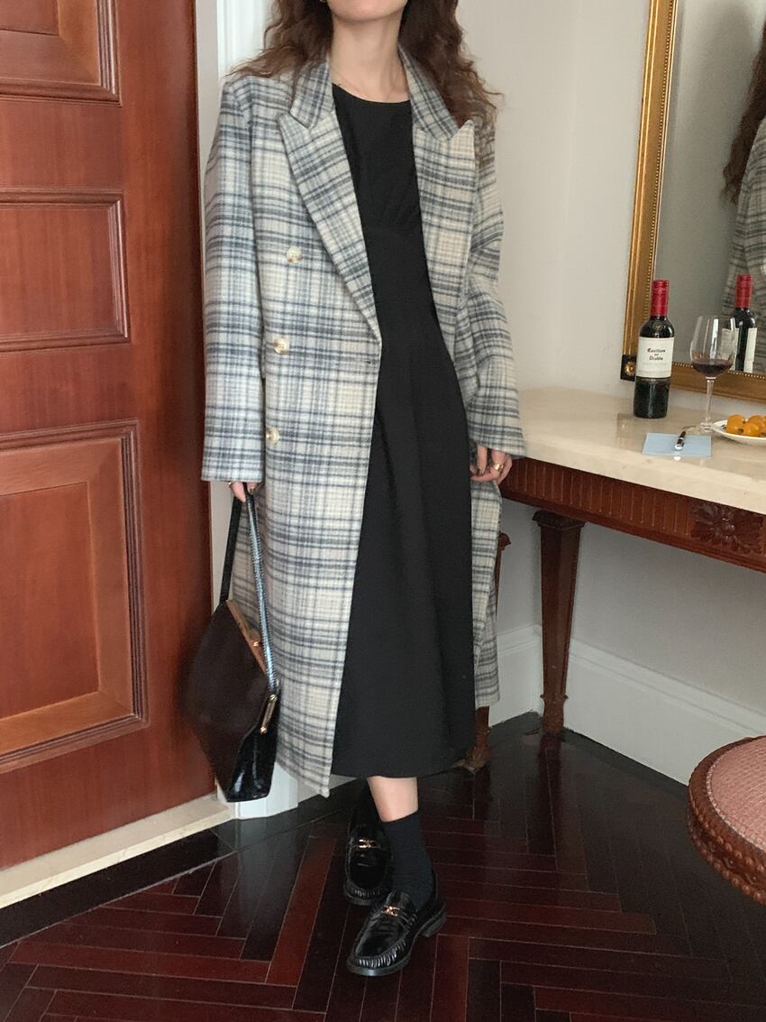 アウター コート ロングコート チェック柄 襟付き ボタン 長袖 ダブルブレスト カジュアル アウター コート ロングコート チェック柄 襟付き ボタン 長袖 ダブルブレスト カジュアル