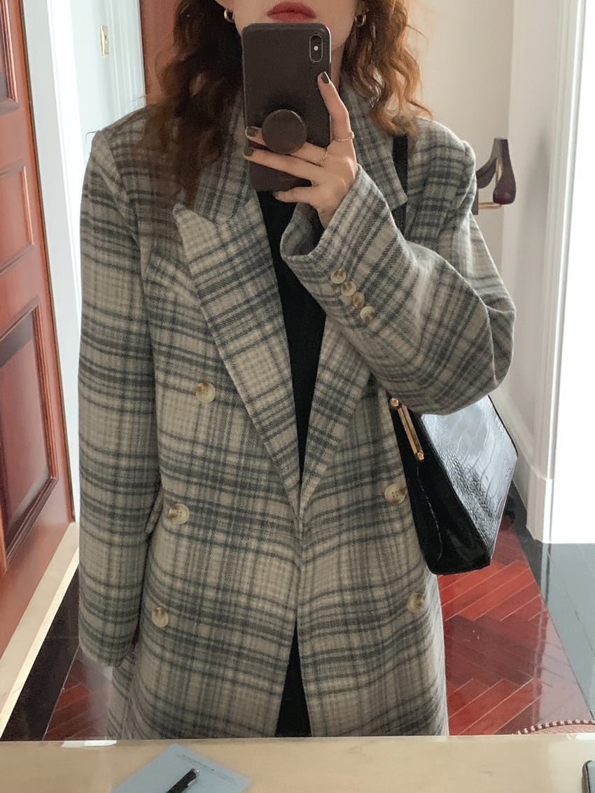 アウター コート ロングコート チェック柄 襟付き ボタン 長袖 ダブルブレスト カジュアル アウター コート ロングコート チェック柄 襟付き ボタン 長袖 ダブルブレスト カジュアル