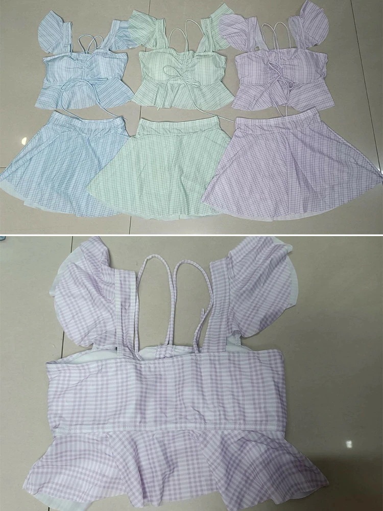 森系 水着 可愛い 2点セット レディース セパレート 体型カバー 中学生 大学生 露出控え 大きいサイズ 透け感あり チェック パッド付き トップス スカート 日焼け防止 ビーチ プール 海 海辺