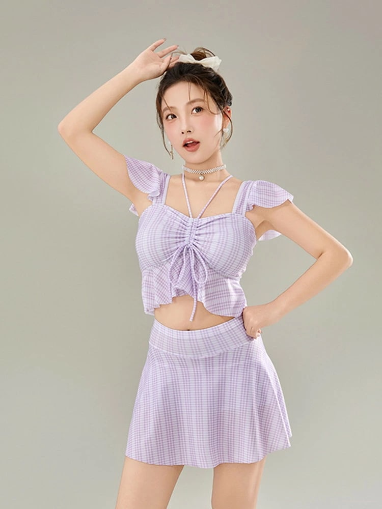 森系 水着 可愛い 2点セット レディース セパレート 体型カバー 中学生 大学生 露出控え 大きいサイズ 透け感あり チェック パッド付き トップス スカート 日焼け防止 ビーチ プール 海 海辺