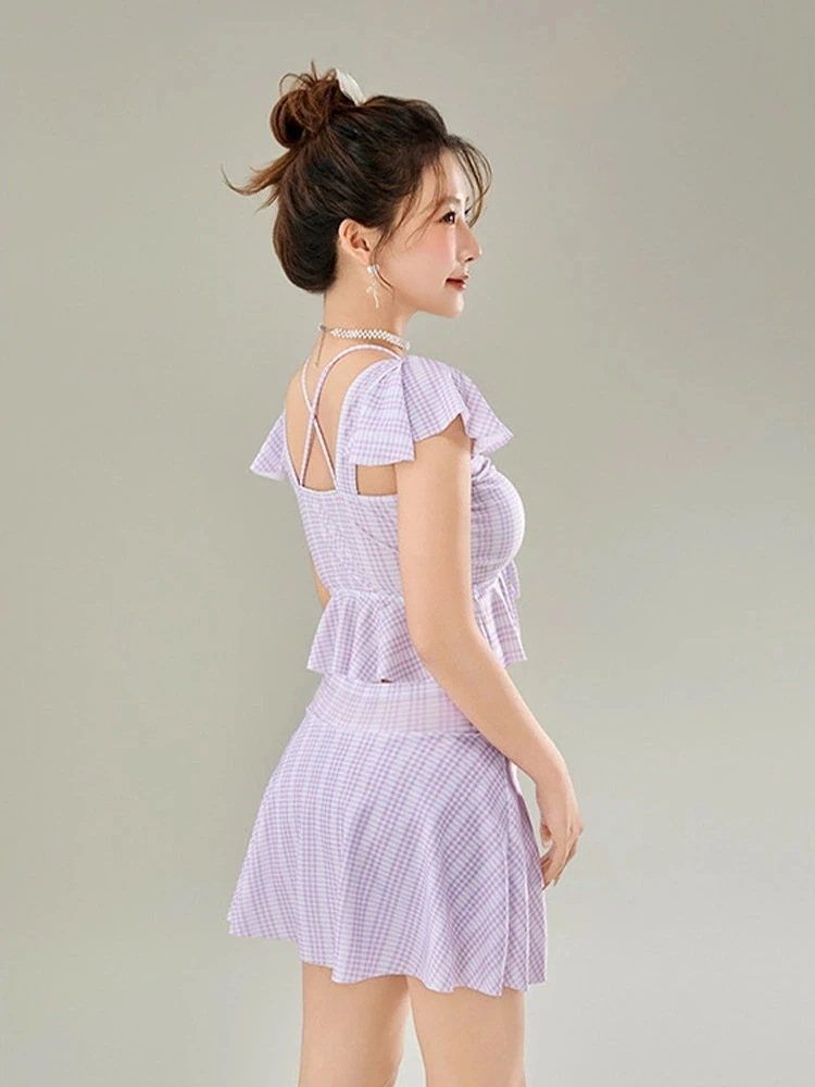 森系 水着 可愛い 2点セット レディース セパレート 体型カバー 中学生 大学生 露出控え 大きいサイズ 透け感あり チェック パッド付き トップス スカート 日焼け防止 ビーチ プール 海 海辺