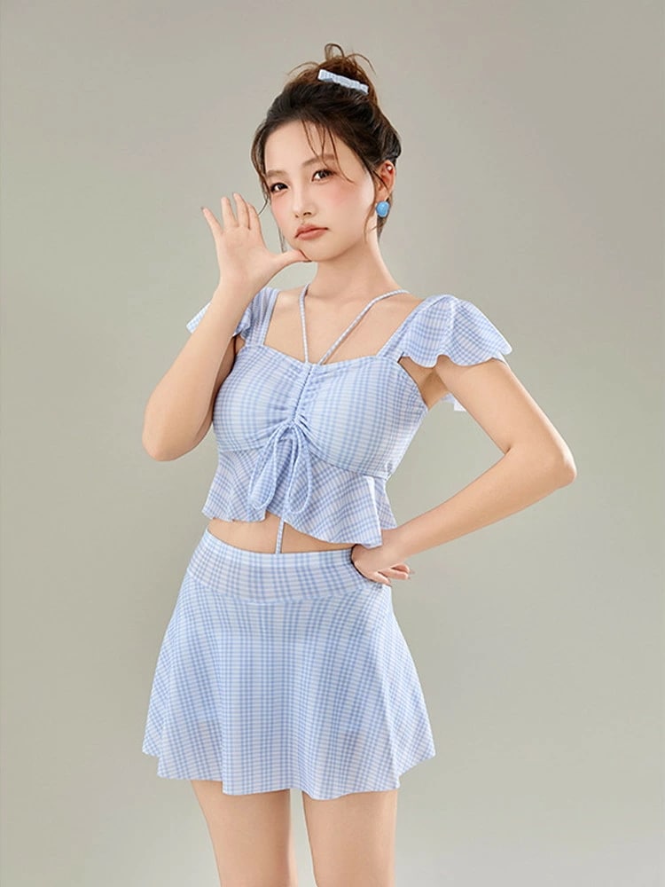 森系 水着 可愛い 2点セット レディース セパレート 体型カバー 中学生 大学生 露出控え 大きいサイズ 透け感あり チェック パッド付き トップス スカート 日焼け防止 ビーチ プール 海 海辺