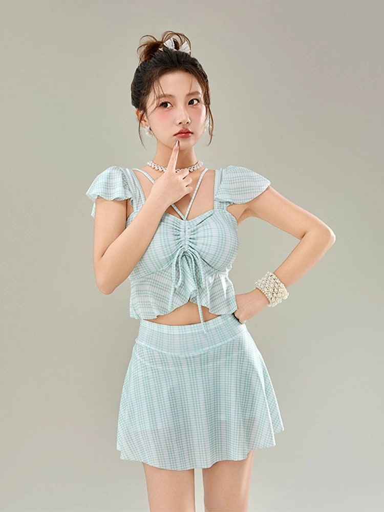 森系 水着 可愛い 2点セット レディース セパレート 体型カバー 中学生 大学生 露出控え 大きいサイズ 透け感あり チェック パッド付き トップス スカート 日焼け防止 ビーチ プール 海 海辺