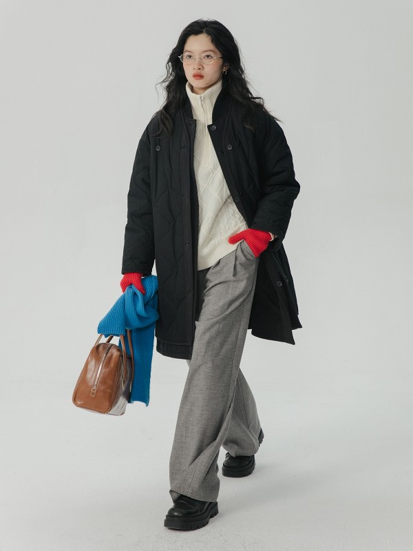 オモント エッグタルト ひょうたん キルティングコットン フェイクツーピース コットンジャケット レディース 冬 ゆったり ミドル丈 コットンジャケット キルティングジャケット