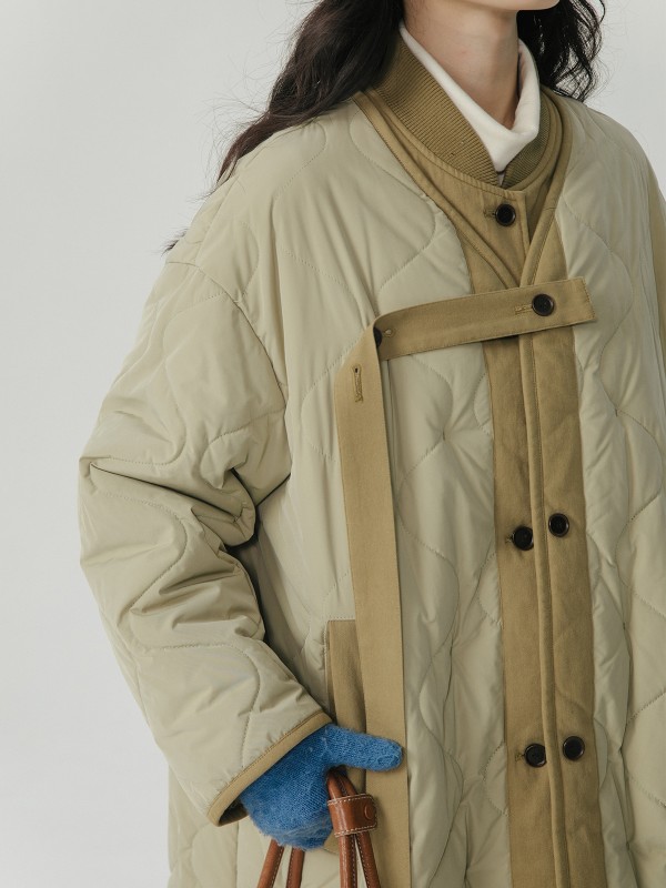 オモント エッグタルト ひょうたん キルティングコットン フェイクツーピース コットンジャケット レディース 冬 ゆったり ミドル丈 コットンジャケット キルティングジャケット