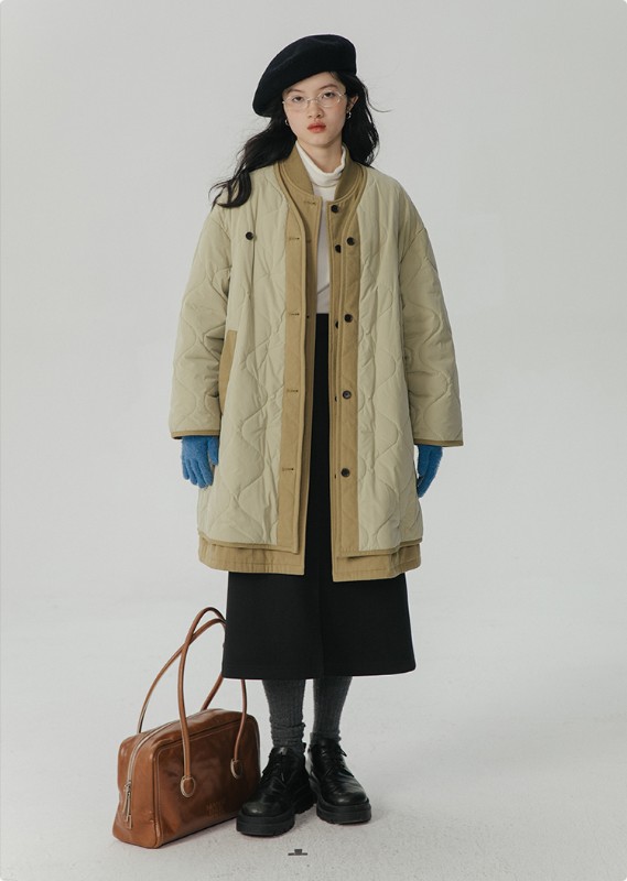 オモント エッグタルト ひょうたん キルティングコットン フェイクツーピース コットンジャケット レディース 冬 ゆったり ミドル丈 コットンジャケット キルティングジャケット