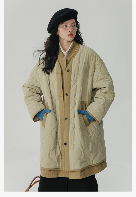 オモント エッグタルト ひょうたん キルティングコットン フェイクツーピース コットンジャケット レディース 冬 ゆったり ミドル丈 コットンジャケット キルティングジャケット