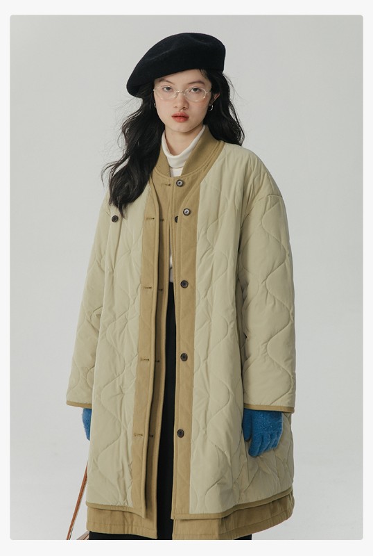 オモント エッグタルト ひょうたん キルティングコットン フェイクツーピース コットンジャケット レディース 冬 ゆったり ミドル丈 コットンジャケット キルティングジャケット