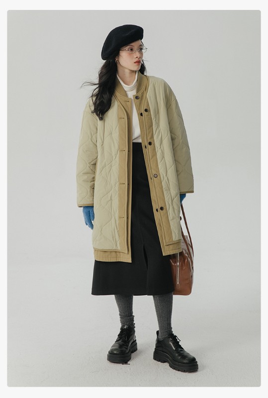 オモント エッグタルト ひょうたん キルティングコットン フェイクツーピース コットンジャケット レディース 冬 ゆったり ミドル丈 コットンジャケット キルティングジャケット