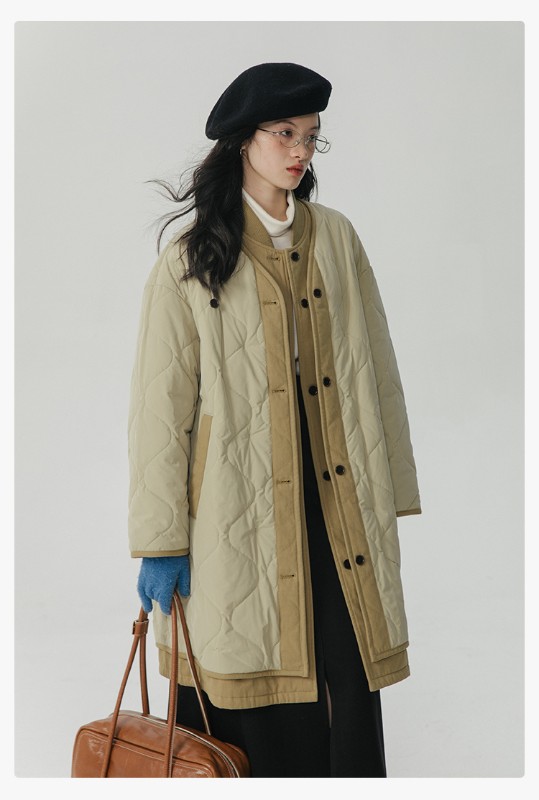 オモント エッグタルト ひょうたん キルティングコットン フェイクツーピース コットンジャケット レディース 冬 ゆったり ミドル丈 コットンジャケット キルティングジャケット