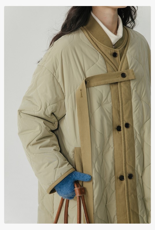 オモント エッグタルト ひょうたん キルティングコットン フェイクツーピース コットンジャケット レディース 冬 ゆったり ミドル丈 コットンジャケット キルティングジャケット