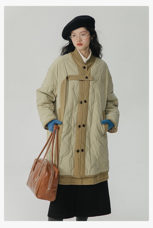 オモント エッグタルト ひょうたん キルティングコットン フェイクツーピース コットンジャケット レディース 冬 ゆったり ミドル丈 コットンジャケット キルティングジャケット