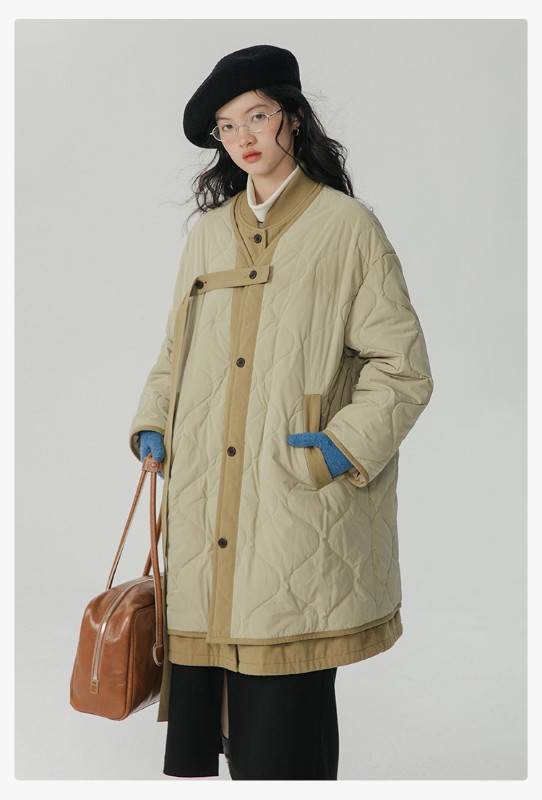 オモント エッグタルト ひょうたん キルティングコットン フェイクツーピース コットンジャケット レディース 冬 ゆったり ミドル丈 コットンジャケット キルティングジャケット