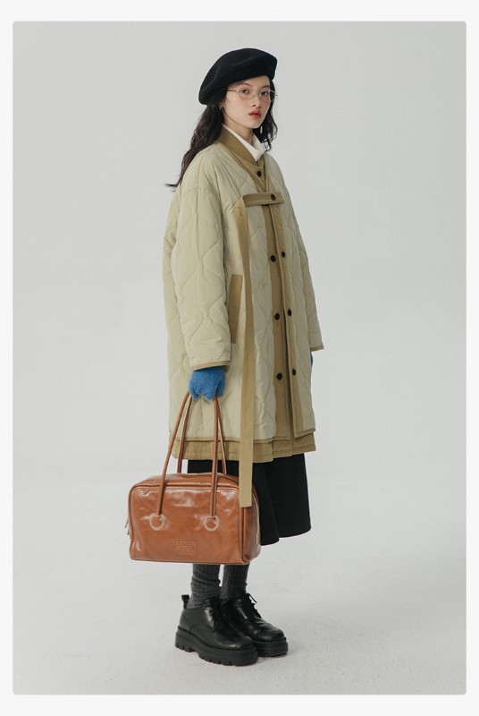 オモント エッグタルト ひょうたん キルティングコットン フェイクツーピース コットンジャケット レディース 冬 ゆったり ミドル丈 コットンジャケット キルティングジャケット