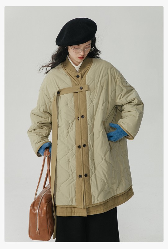 オモント エッグタルト ひょうたん キルティングコットン フェイクツーピース コットンジャケット レディース 冬 ゆったり ミドル丈 コットンジャケット キルティングジャケット