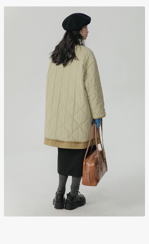 オモント エッグタルト ひょうたん キルティングコットン フェイクツーピース コットンジャケット レディース 冬 ゆったり ミドル丈 コットンジャケット キルティングジャケット