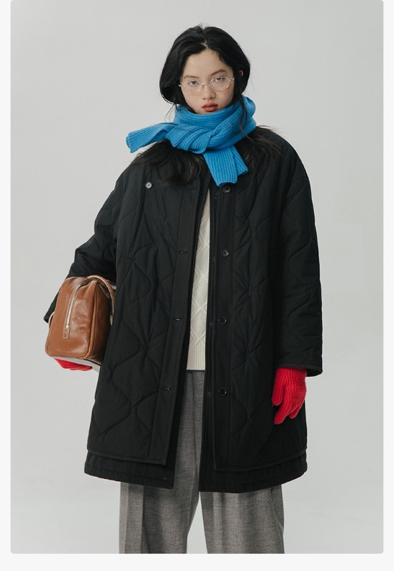 オモント エッグタルト ひょうたん キルティングコットン フェイクツーピース コットンジャケット レディース 冬 ゆったり ミドル丈 コットンジャケット キルティングジャケット