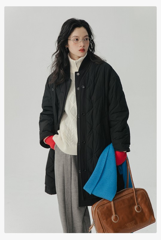 オモント エッグタルト ひょうたん キルティングコットン フェイクツーピース コットンジャケット レディース 冬 ゆったり ミドル丈 コットンジャケット キルティングジャケット