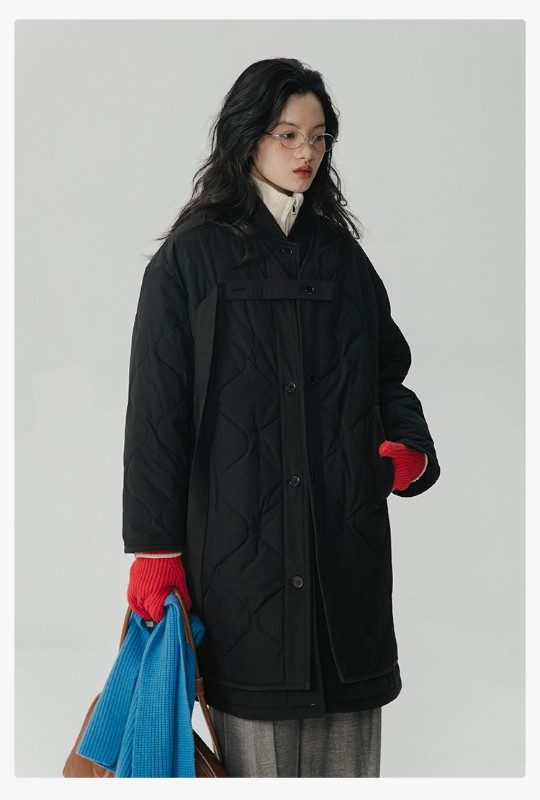 オモント エッグタルト ひょうたん キルティングコットン フェイクツーピース コットンジャケット レディース 冬 ゆったり ミドル丈 コットンジャケット キルティングジャケット