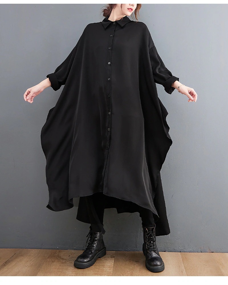 「」 春秋 シャツワンピース スリット 大きいサイズ ロングワンピース