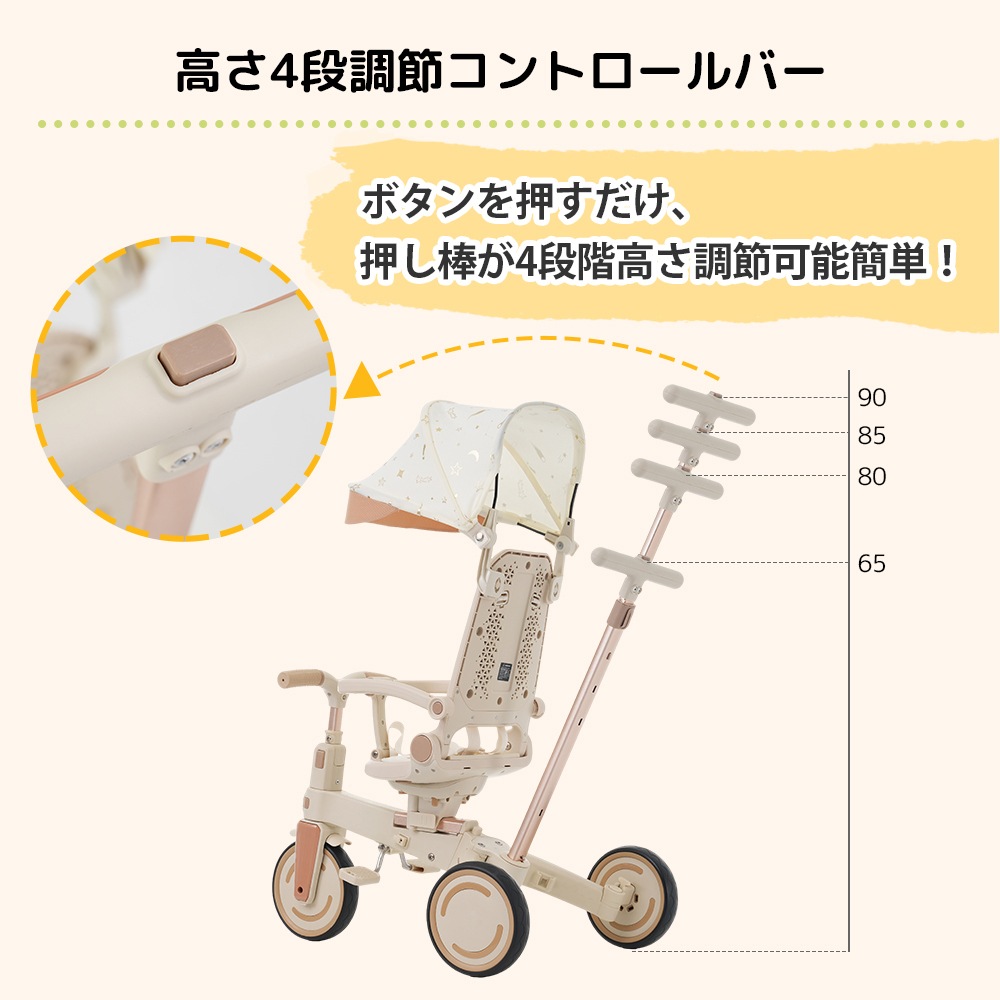 三輪車 ワンタッチ折りたたみ 高級 子供用三輪車（ベージュ×ブラウン） 三輪車のりもの サンシェード付き 安全バー付き シートベルト付き コントロールバー付き シート調整可