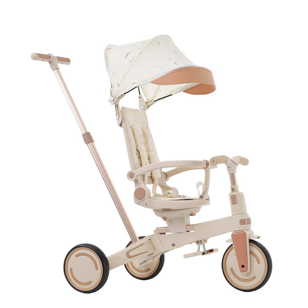 三輪車 ワンタッチ折りたたみ 高級 子供用三輪車（ベージュ×ブラウン） 三輪車のりもの サンシェード付き 安全バー付き シートベルト付き コントロールバー付き シート調整可