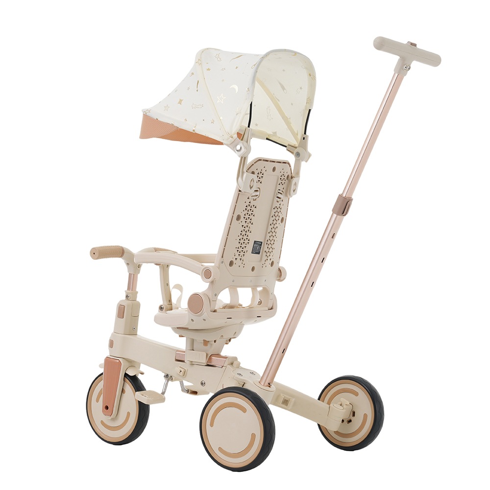 三輪車 ワンタッチ折りたたみ 高級 子供用三輪車（ベージュ×ブラウン） 三輪車のりもの サンシェード付き 安全バー付き シートベルト付き コントロールバー付き シート調整可