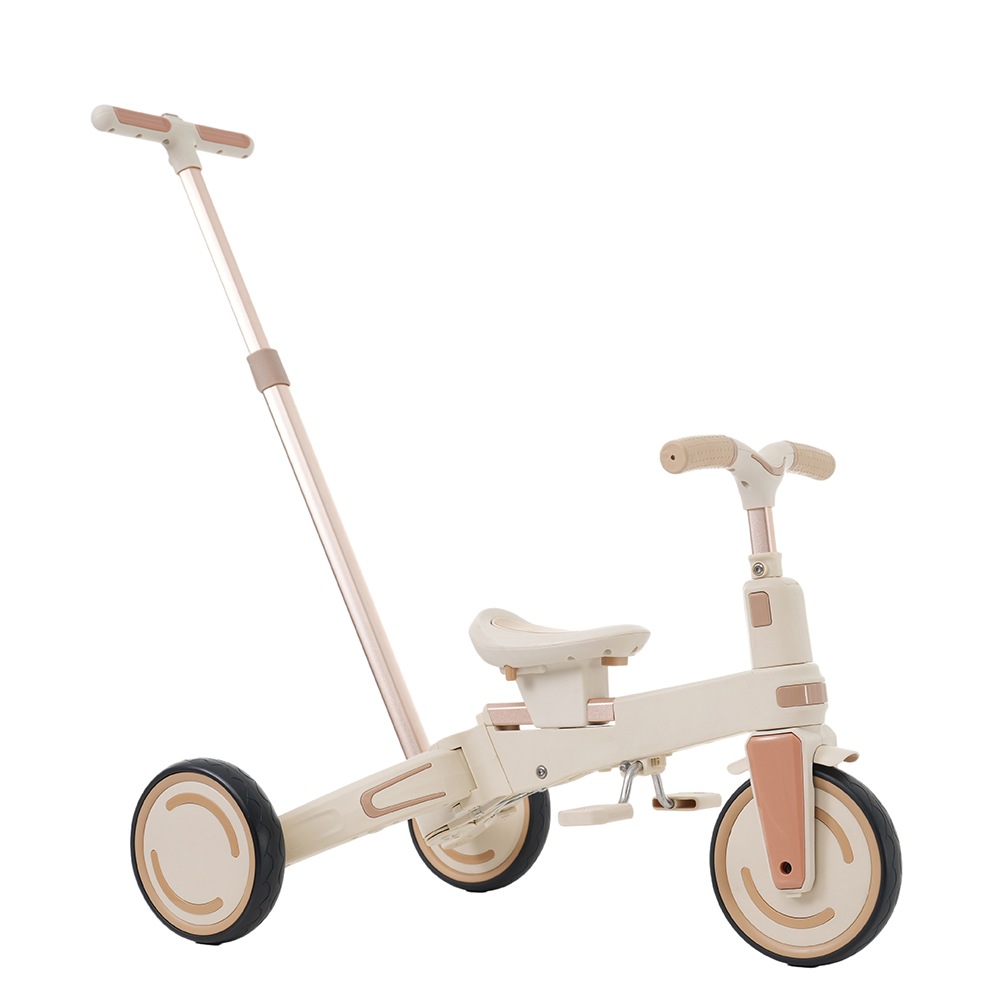 三輪車 ワンタッチ折りたたみ 高級 子供用三輪車（ベージュ×ブラウン） 三輪車のりもの サンシェード付き 安全バー付き シートベルト付き コントロールバー付き シート調整可