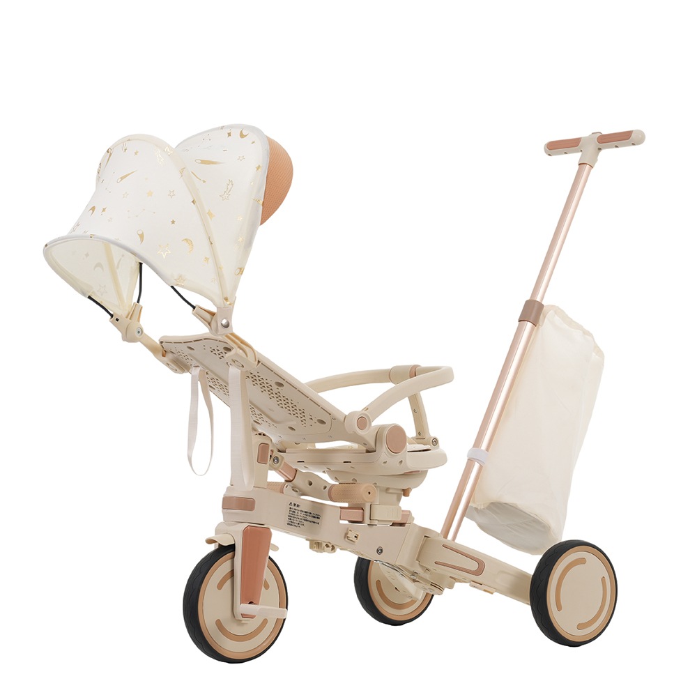 三輪車 ワンタッチ折りたたみ 高級 子供用三輪車（ベージュ×ブラウン） 三輪車のりもの サンシェード付き 安全バー付き シートベルト付き コントロールバー付き シート調整可