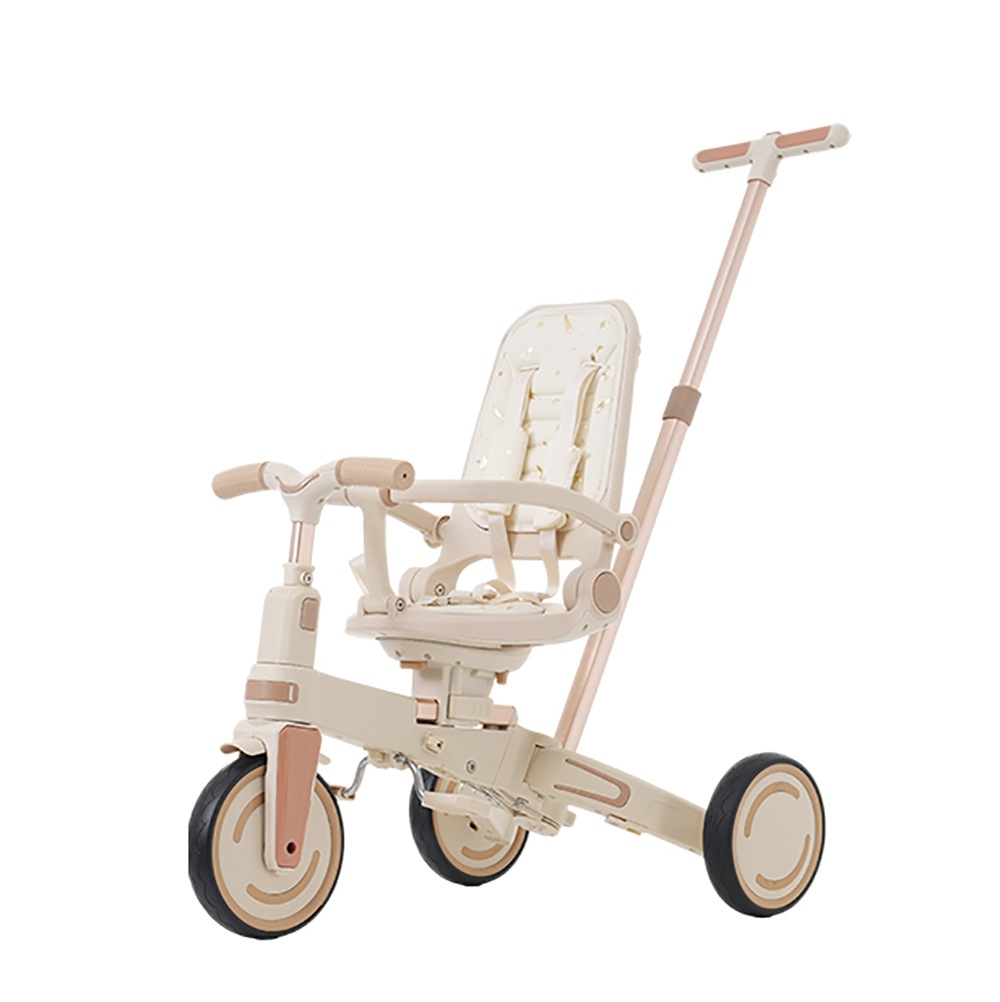 三輪車 ワンタッチ折りたたみ 高級 子供用三輪車（ベージュ×ブラウン） 三輪車のりもの サンシェード付き 安全バー付き シートベルト付き コントロールバー付き シート調整可