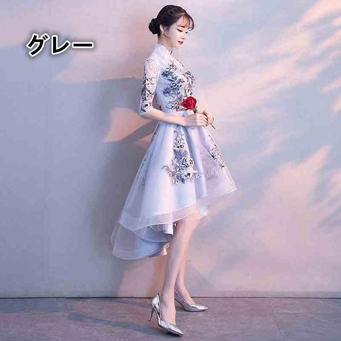 パーティードレス 前短後長 結婚式 袖あり 大きいサイズ プリンセスドレス キャバドレス 体型カバー 着痩せ ハイネック 花柄 大きいサイズ 披露宴 発表会