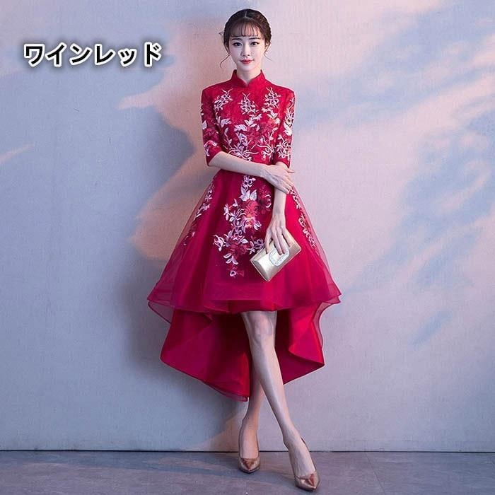 パーティードレス 前短後長 結婚式 袖あり 大きいサイズ プリンセスドレス キャバドレス 体型カバー 着痩せ ハイネック 花柄 大きいサイズ 披露宴 発表会