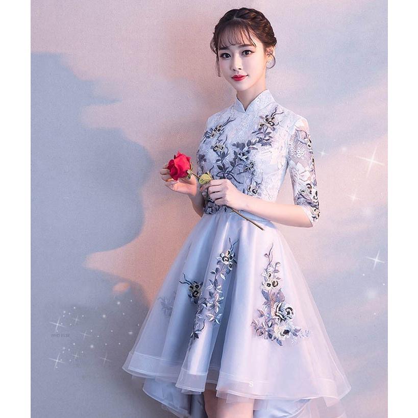 パーティードレス 前短後長 結婚式 袖あり 大きいサイズ プリンセスドレス キャバドレス 体型カバー 着痩せ ハイネック 花柄 大きいサイズ 披露宴 発表会