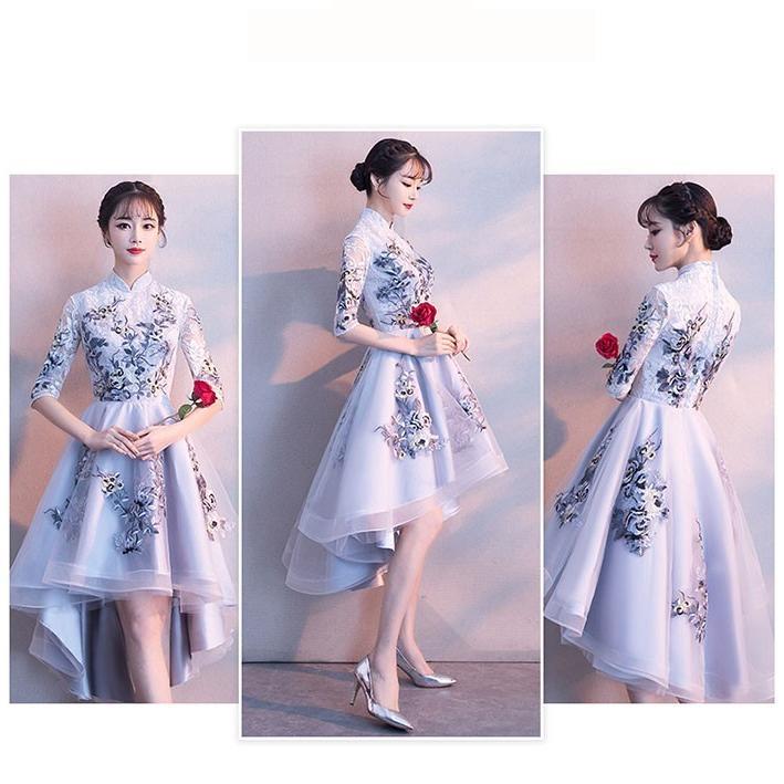 パーティードレス 前短後長 結婚式 袖あり 大きいサイズ プリンセスドレス キャバドレス 体型カバー 着痩せ ハイネック 花柄 大きいサイズ 披露宴 発表会