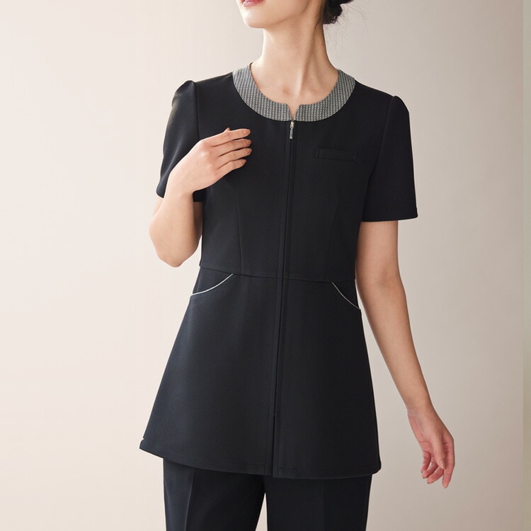 レディース チュニック ジャケット 半袖 ジップジャケット かわいい サロン エステ 美容 医療事務 クリニック ジョア 41695 オフィス 制服 事務服 ユニフォーム