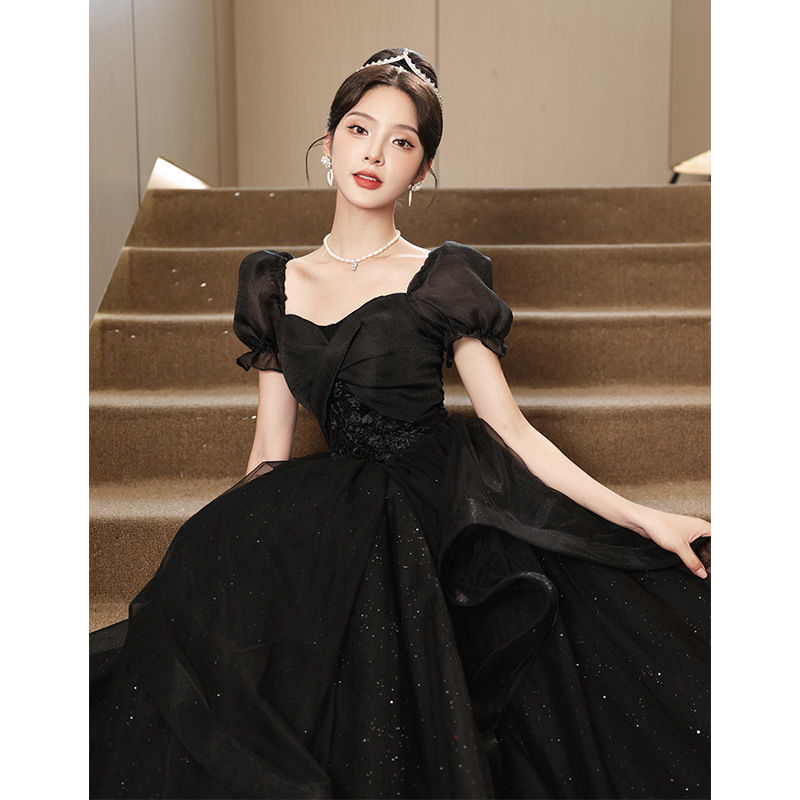 【新品追加】演奏会/ロングドレス韓国ファッション/入学式/卒業式 礼服 黒のイブニングドレスのスカート2025新しい宴会気質シニアセンスロングハイエンド冬のドレス