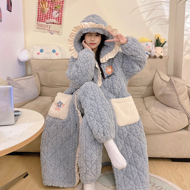パジャマ女性用秋冬コーラルベルベット厚いベルベット三層綿入り寝衣フランネルの長い家庭服セット