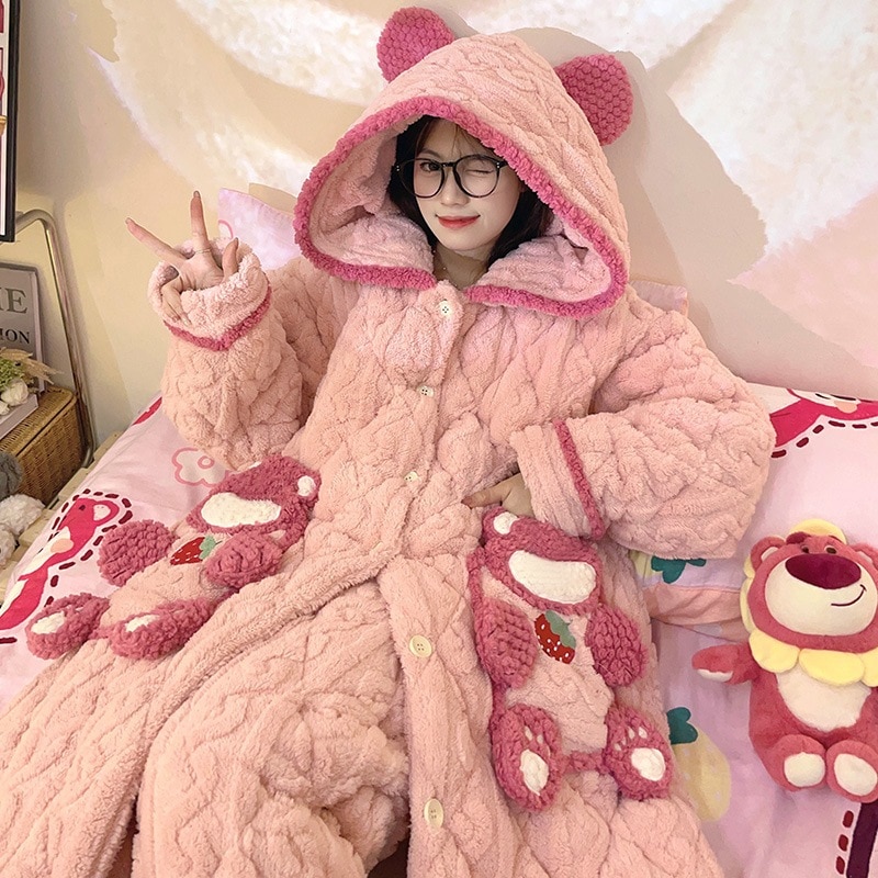 パジャマ女性用秋冬コーラルベルベット厚いベルベット三層綿入り寝衣フランネルの長い家庭服セット