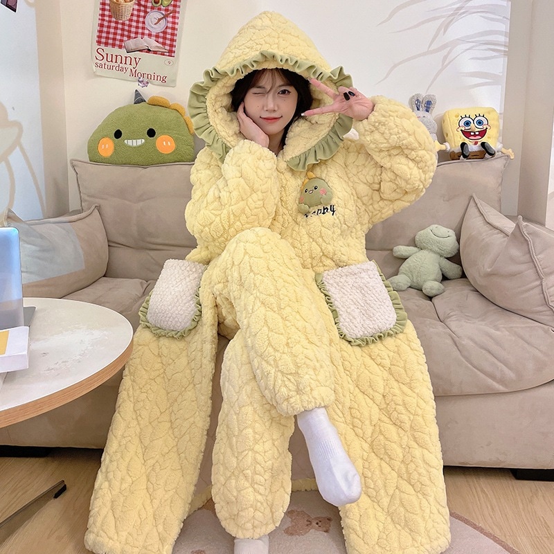 パジャマ女性用秋冬コーラルベルベット厚いベルベット三層綿入り寝衣フランネルの長い家庭服セット