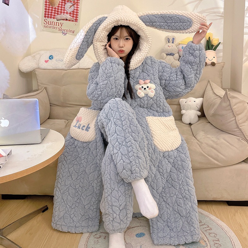 パジャマ女性用秋冬コーラルベルベット厚いベルベット三層綿入り寝衣フランネルの長い家庭服セット