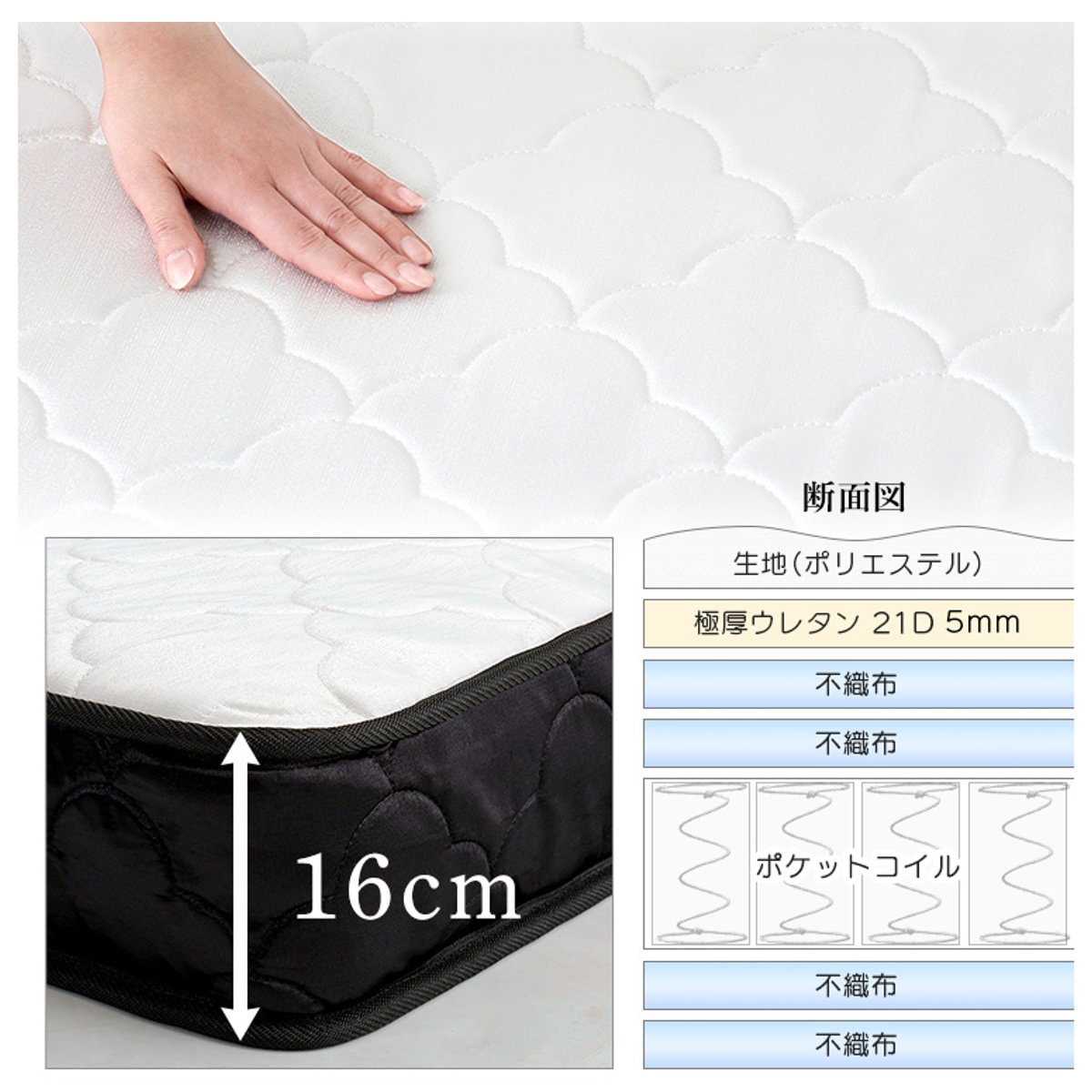 マットレス キング ポケットコイル 180x195cm 圧縮ロール梱包 体圧分散 ベット ベッド 高密度 柔らかめ 厚さ16cm 快適 快眠 包み込む 寝心地
