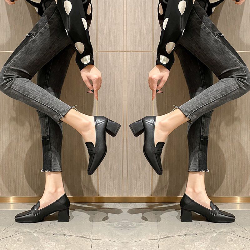 高級感 母の日 シープスキンの靴 ハイヒール ヒールパンプス 英伦風 おしゃれ 快適 シンプル スクエアヘッド 太ヒール ミドルヒール 百掛け OL通勤 小革靴